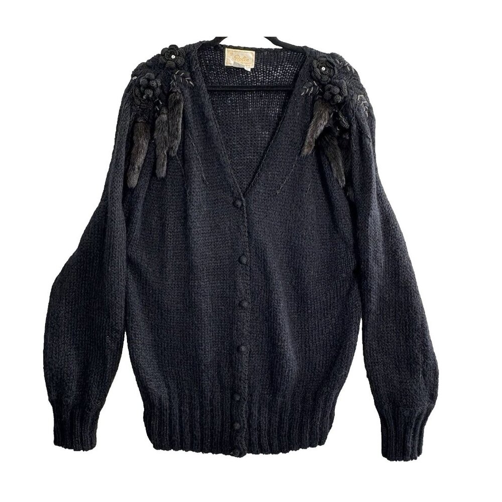 Vtg RELIN Women Faux Fur Tassels Button Front V Neck Cardigan Sz L Black‎ 94-9